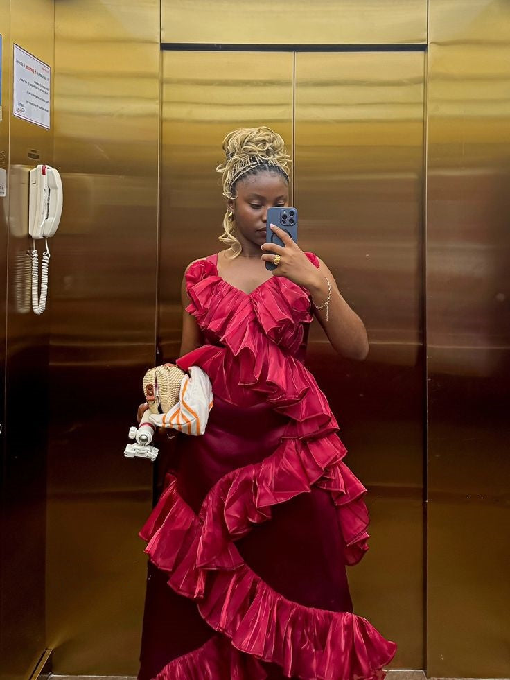 Rot Mode Elegante Lange Samt Satin Spleißen Rüschen Ballkleid Abendkleid Party Kleid gh3250