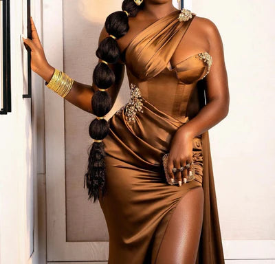 Braun mode elegant sexy eine schulter lange perlen slit meerjungfrau ballkleid abendkleid partykleid mit rüschen gh718