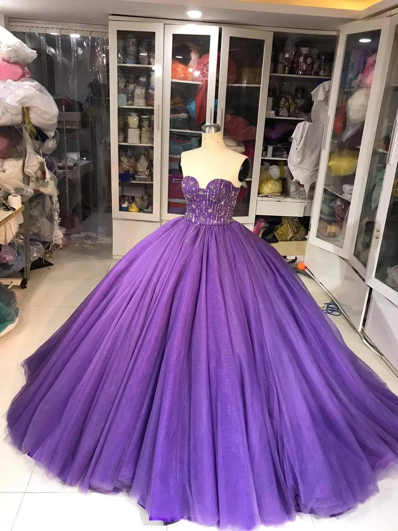 Purple Gorgeous Exquisite Beaded Long Tulle Fashion Ball Gown Evening Dress gh3568