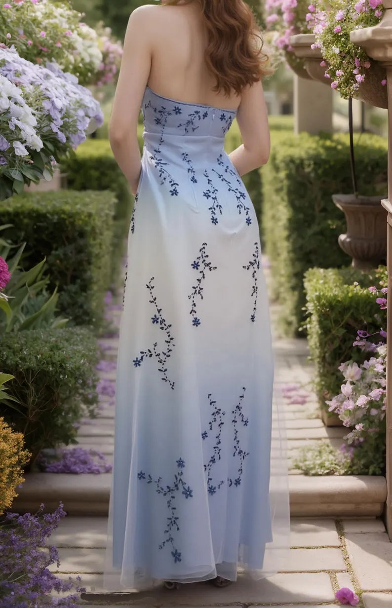 Girlhomeshops – Blau-weißes, exquisites, florales Trägerkleid, modisches, langes, bodenlanges Tüll-Ballkleid, Abschlussballkleid, gh5520