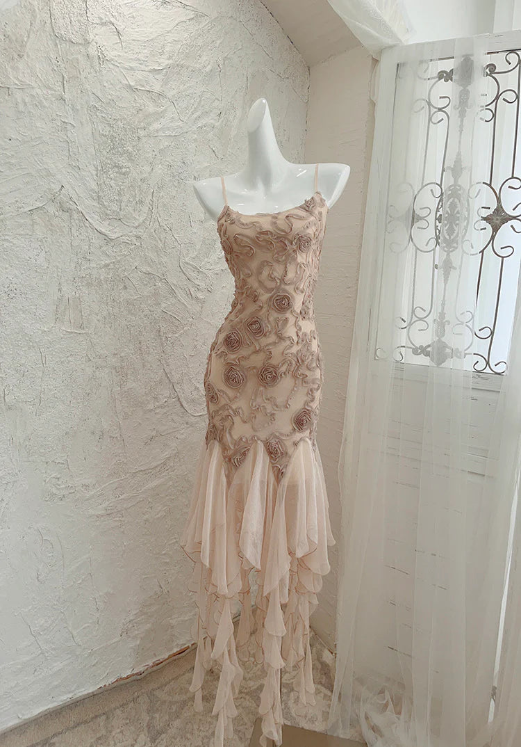 Robe de soirée longue en mousseline de soie rose clair à volants et motif floral, tenue de fête d'anniversaire, gh4587