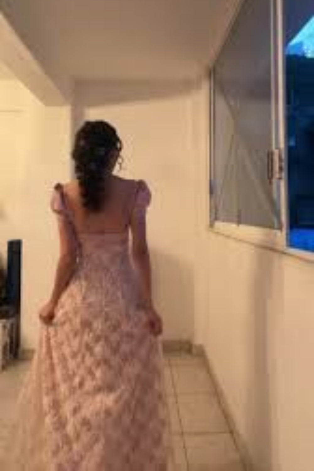 girlhomeshops-Rosa kurzärmeliges, elegantes, langes Ballkleid aus Spitze im Retro-Stil, gh5758