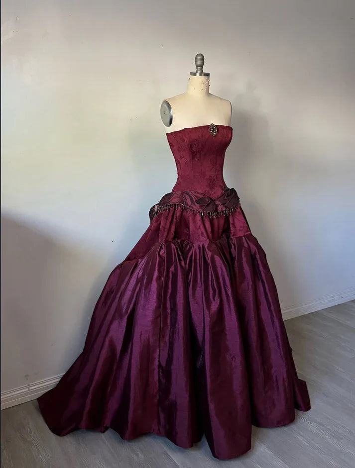 girlhomeshops-- Burgundy vintage long satin dress gh5727