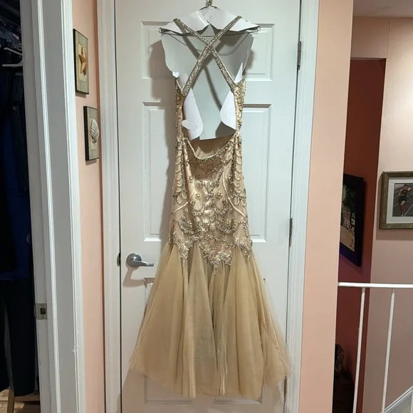 Champagnerrosa/Gold, wunderschönes, exquisites, trägerloses, elegantes, langes Meerjungfrauen-Abendkleid mit Fischschwanz und Perlenbesatz, schmale Passform, Ballkleid, Partykleid, gh3246