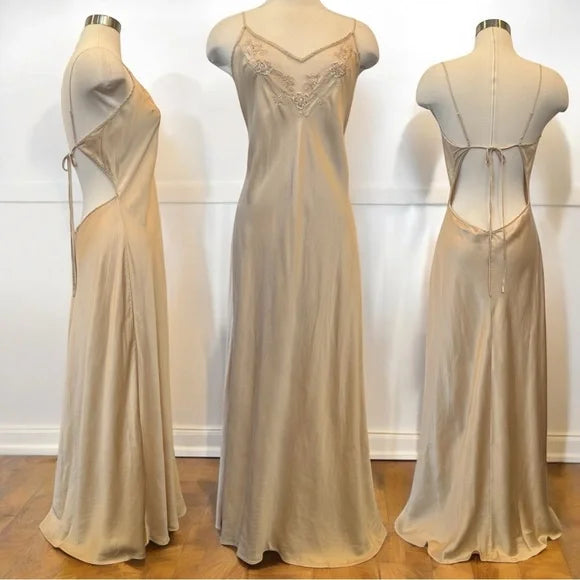 Robe de soirée longue en satin style victorien champagne, broderie florale exquise, bretelles spaghetti, dos nu, robe de bal, gh3924