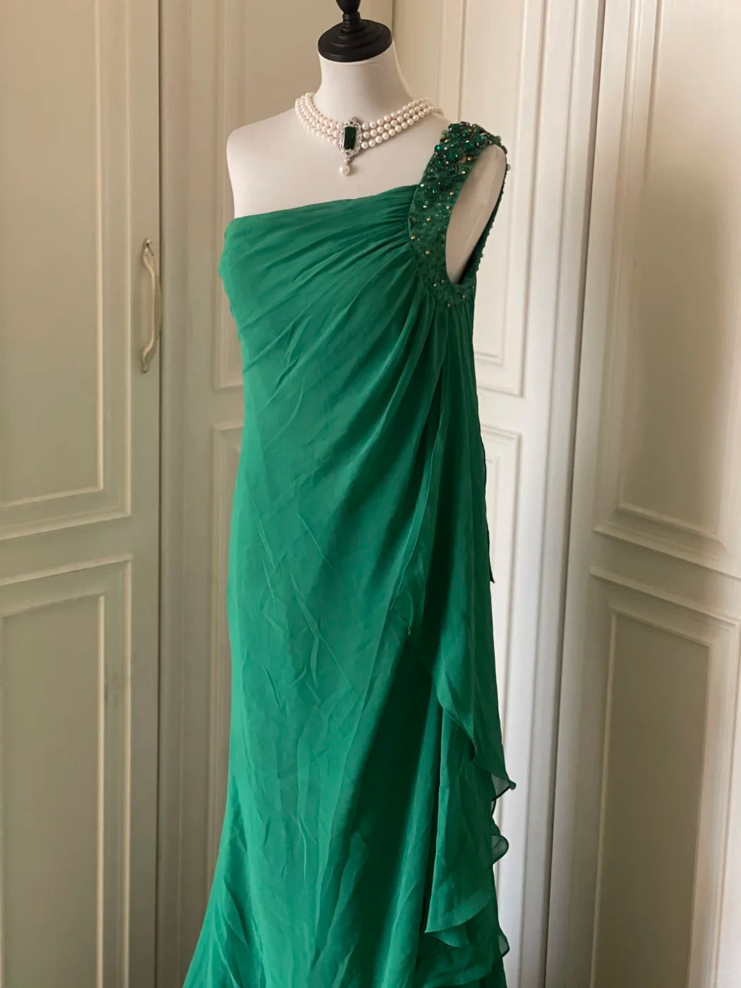 Robe de soirée longue en mousseline de soie, élégante, asymétrique épaule dénudée, verte, vintage, robe de bal, robe de soirée Gatsby Beauty, gh4391