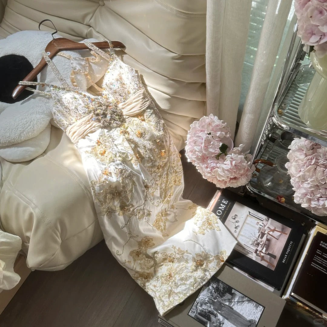 Ivory Gold Floral Beading Sparkling Short Satin Homecoming Dress Prom Dress Party Dress gh4624