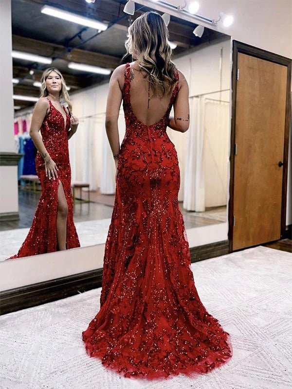 Blue/red fashion shiny v neck sleeveless floor length elegant sexy slit prom dress evening gown party dress gh2917