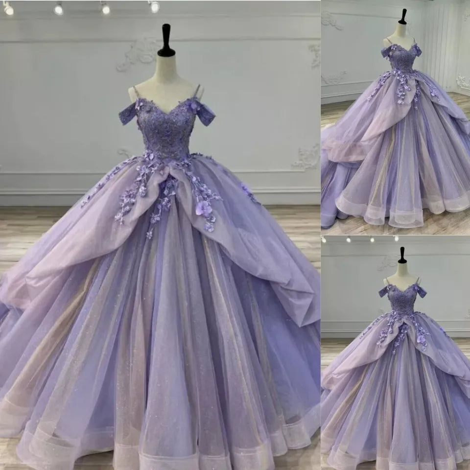 Light purple spaghetti strap applique beaded long tulle ball gown evening gown adult ceremony gown graduation ceremony gown gh3123