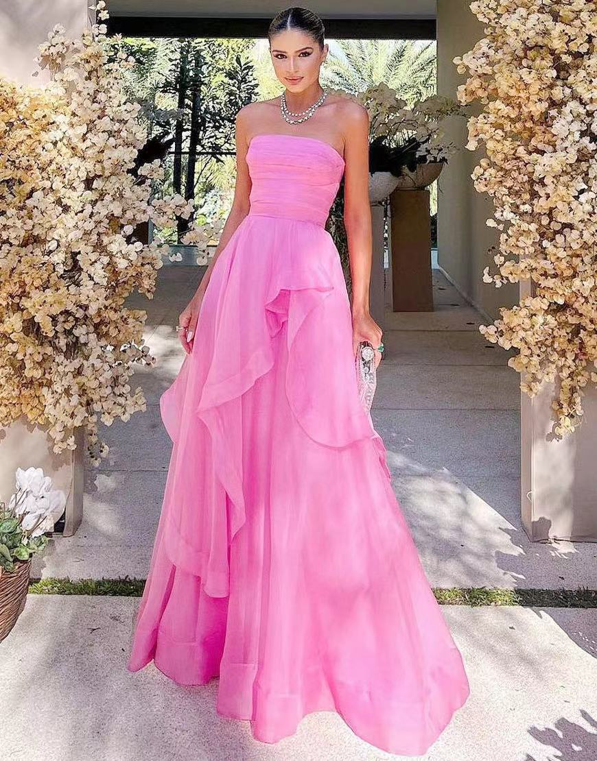 Robe de soirée longue en tulle à volants, élégante, rose clair, coupe A-line, épaules dénudées, gh2684