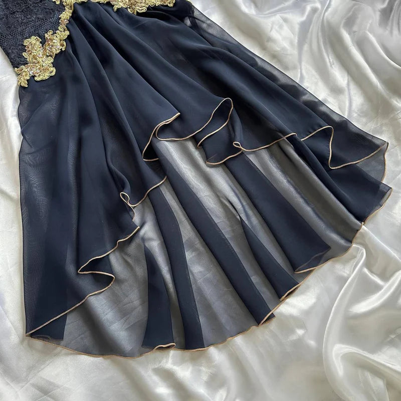 girlhomeshops – Schwarzes, exquisites, goldenes Spitzen-Elegantes, langes Chiffon-Ballkleid mit Rüschen, Abendkleid gh5723