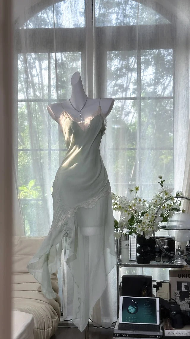 Girlhomeshops-Mint Mambo Green Vintage Long Chiffon Lace Party Dress Date Dress gh5079