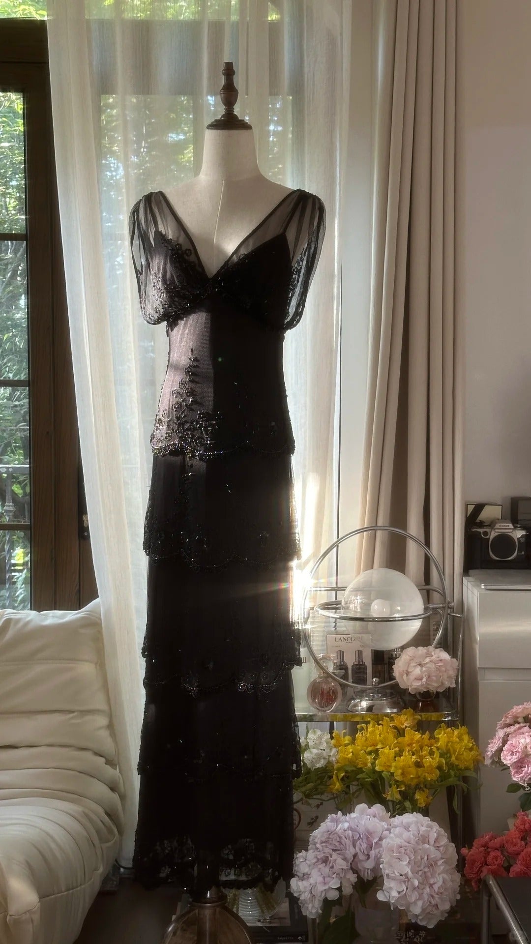 Black Beaded Elegant Long Tiered Chiffon Ball Gown Evening Gown Party Dress gh4751