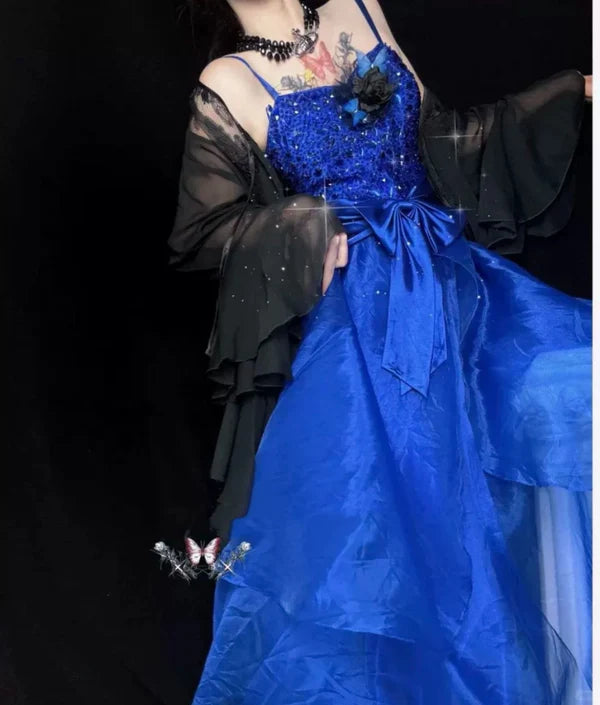 Robe de soirée longue en tulle bleu magnifique et exquise, robe de bal, robe de soirée gh4501