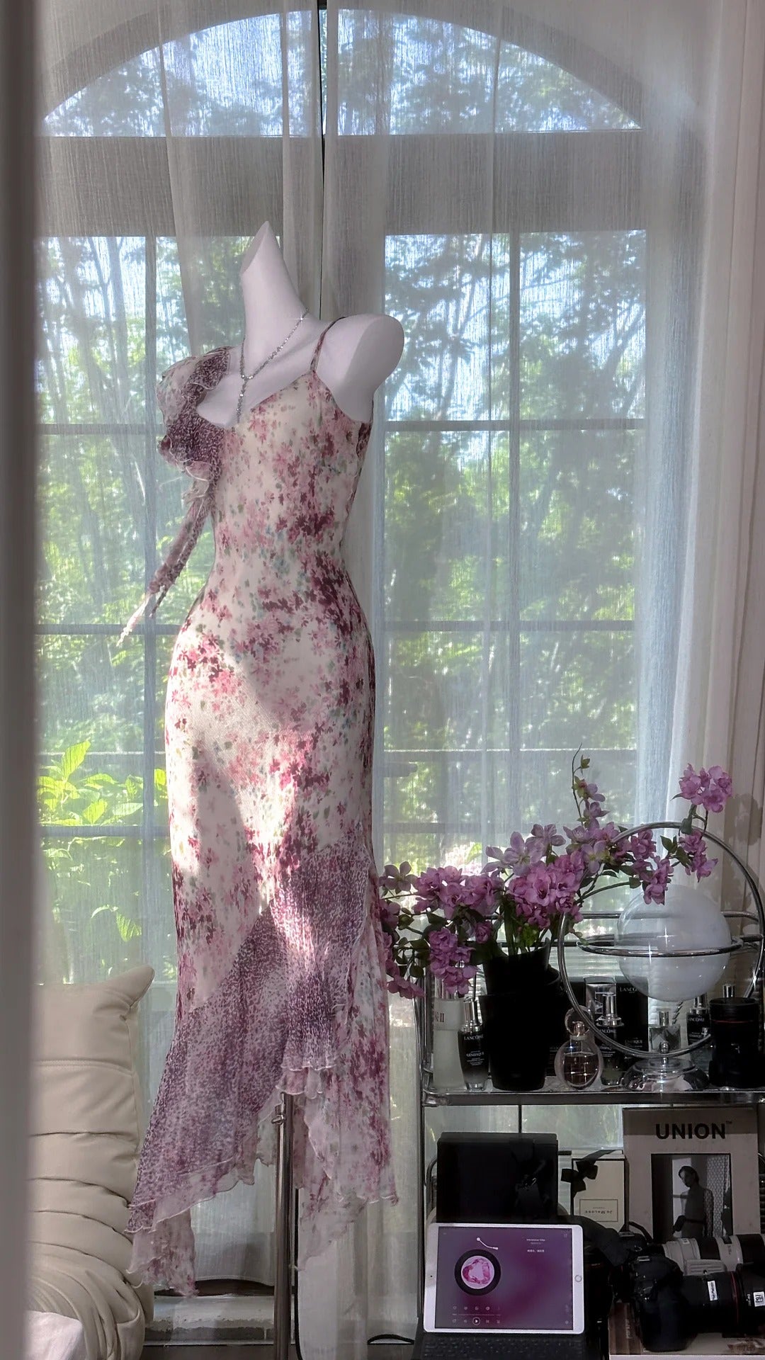 Purple floral vintage beaded chiffon long ball gown evening dress party dress gh4820