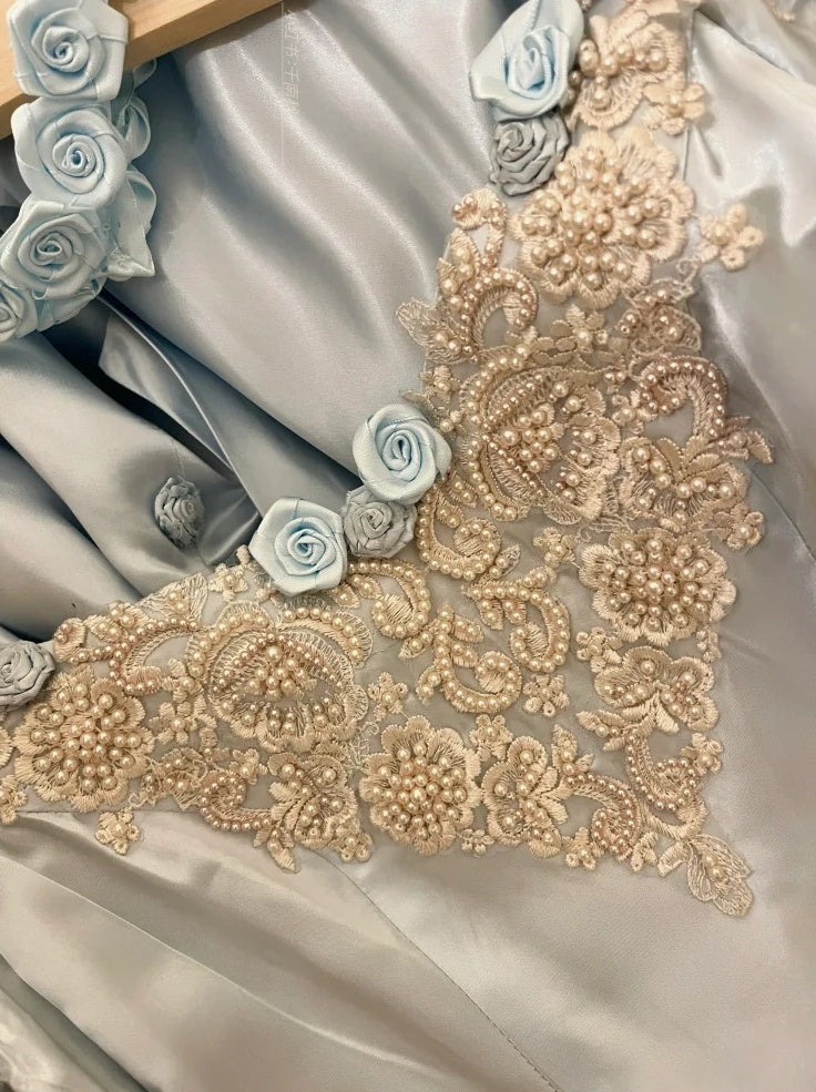 Blue Vintage Elegant Floral Long Satin Floor Length Ball Gown Evening Dress gh4415