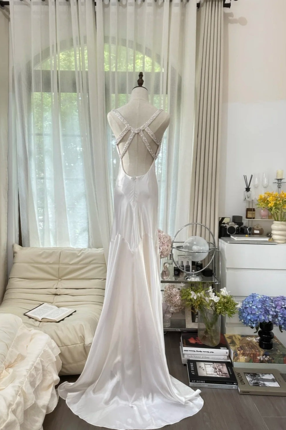 girlhomeshops-Formal Dress White Satin Spaghetti-Strap Beaded Open-Back Train Elegant-Style Wedding Dress gh6376