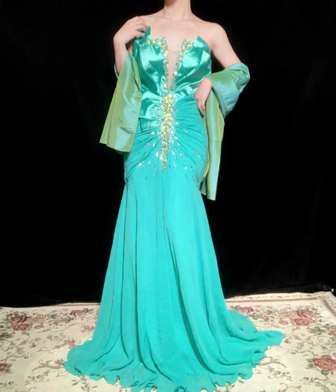 Blue green beaded fashion mermaid long satin chiffon Prom dress evening dress party dress gh4923