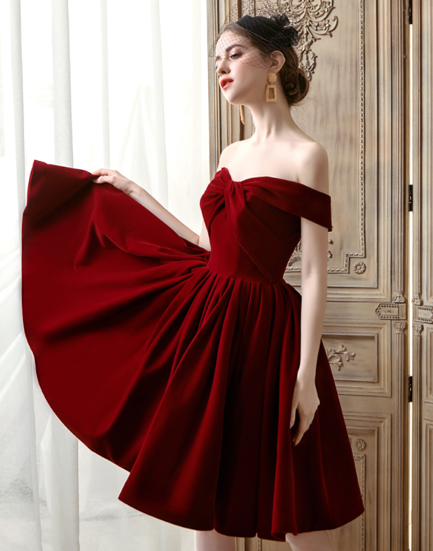 Cute burgundy velvet short prom dress, homecoming dress 8115