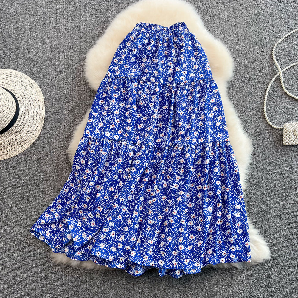 New style high waist thin, medium and Long Ruffle floral skirt 11285