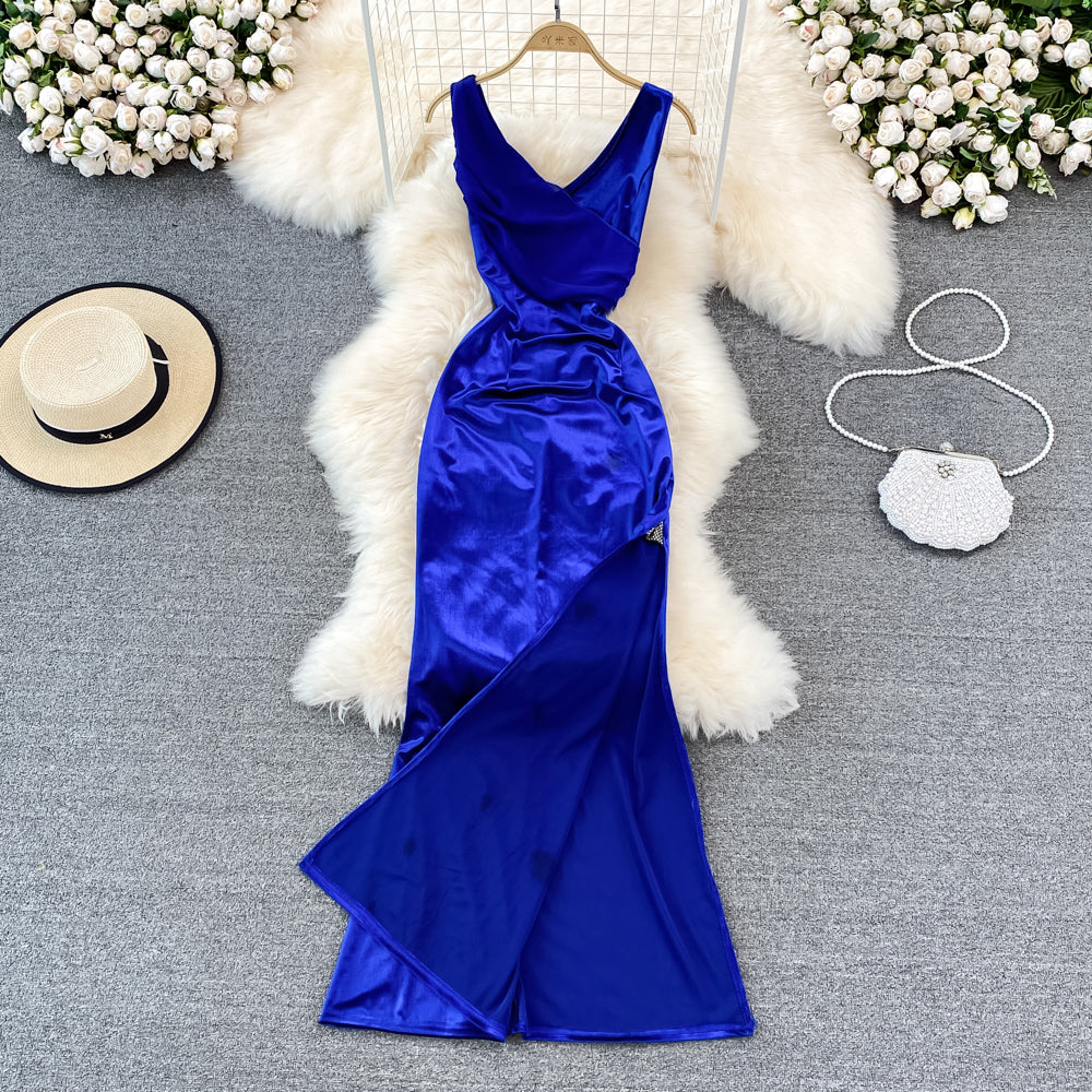 V-Ausschnitt sexy Kleid hohe Taille schmales ärmelloses Hüftwickelkleid langes Kleid 11054