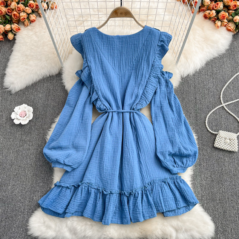 Blue V Neck Long Sleeve Dress Fashion Dress 10916
