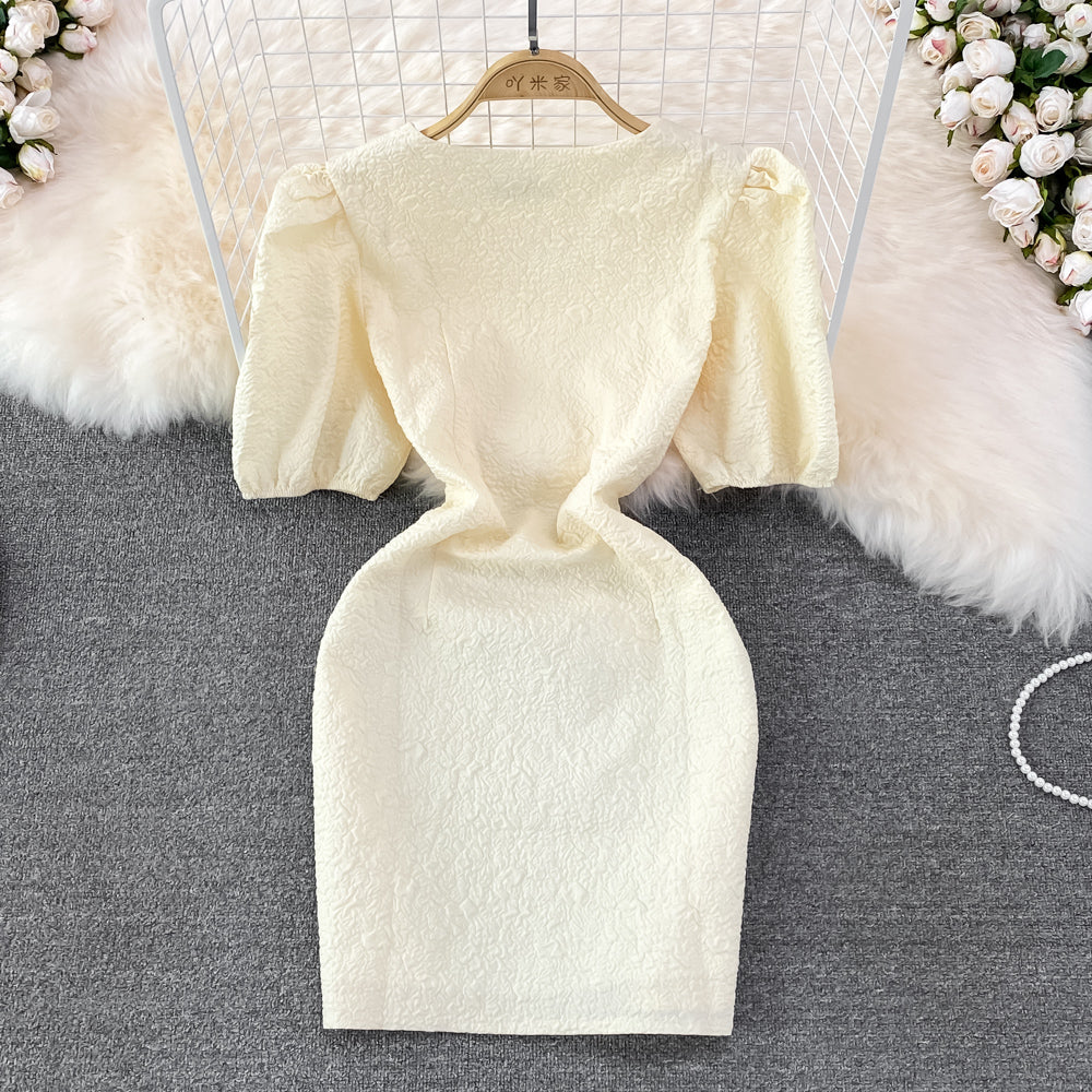 V-Ausschnitt, schmales Jacquard-Kurzkleid in A-Linie mit kurzen Ärmeln 10972