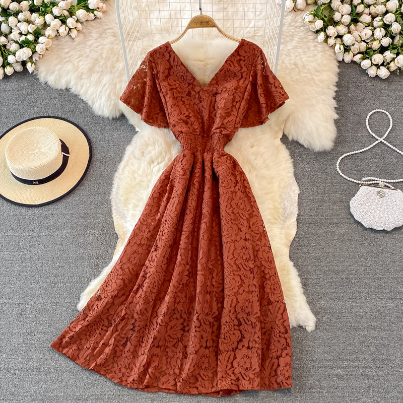 Cute V Neck Lace A Line Dress Fashion Dress 10919