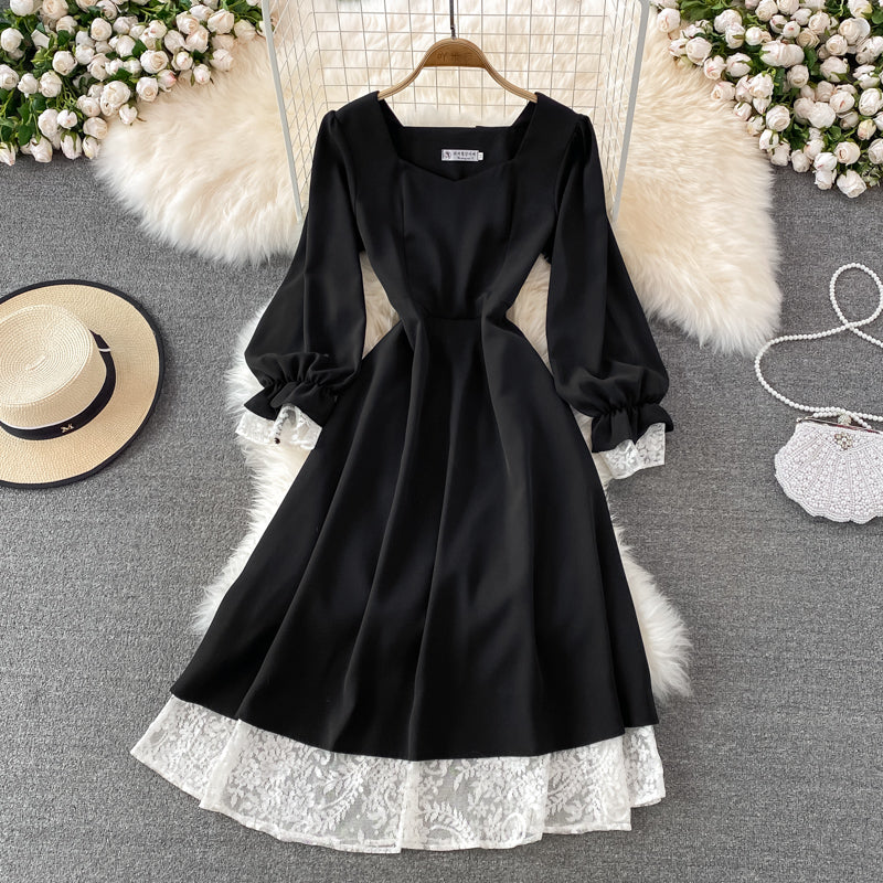 Black A Line Lace Short Dress Lace-Up Fashion Dress 10863
