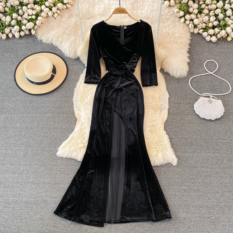 Stylish V Neck Velvet Long Dress Fahsion Dress 10938