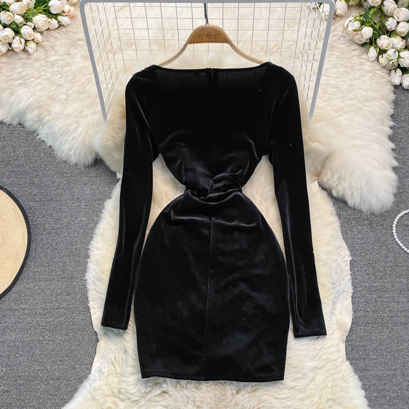 Black Velvet Long Sleeve Dress Sexy Dress 10948