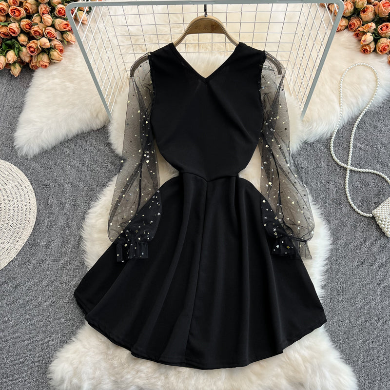 Black V Neck Short Dress A Line Fashion Dress 10832