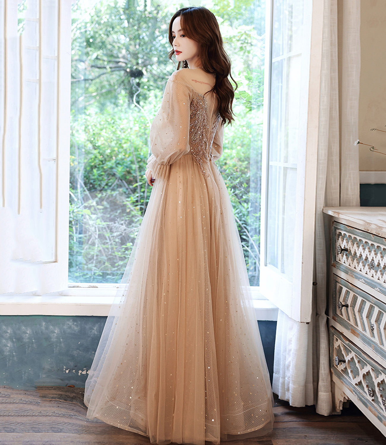 Cute tulle beads long prom dress A line evening dress 10523