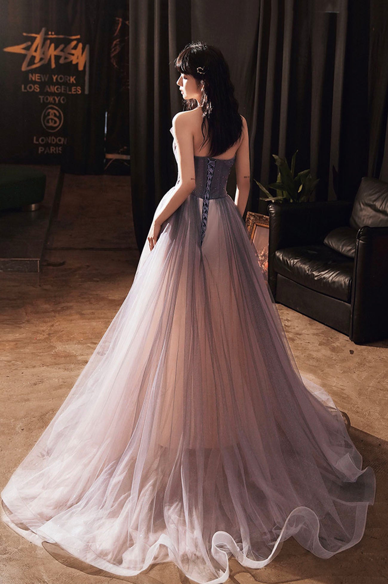Robe de soirée longue en tulle violet à paillettes 10648