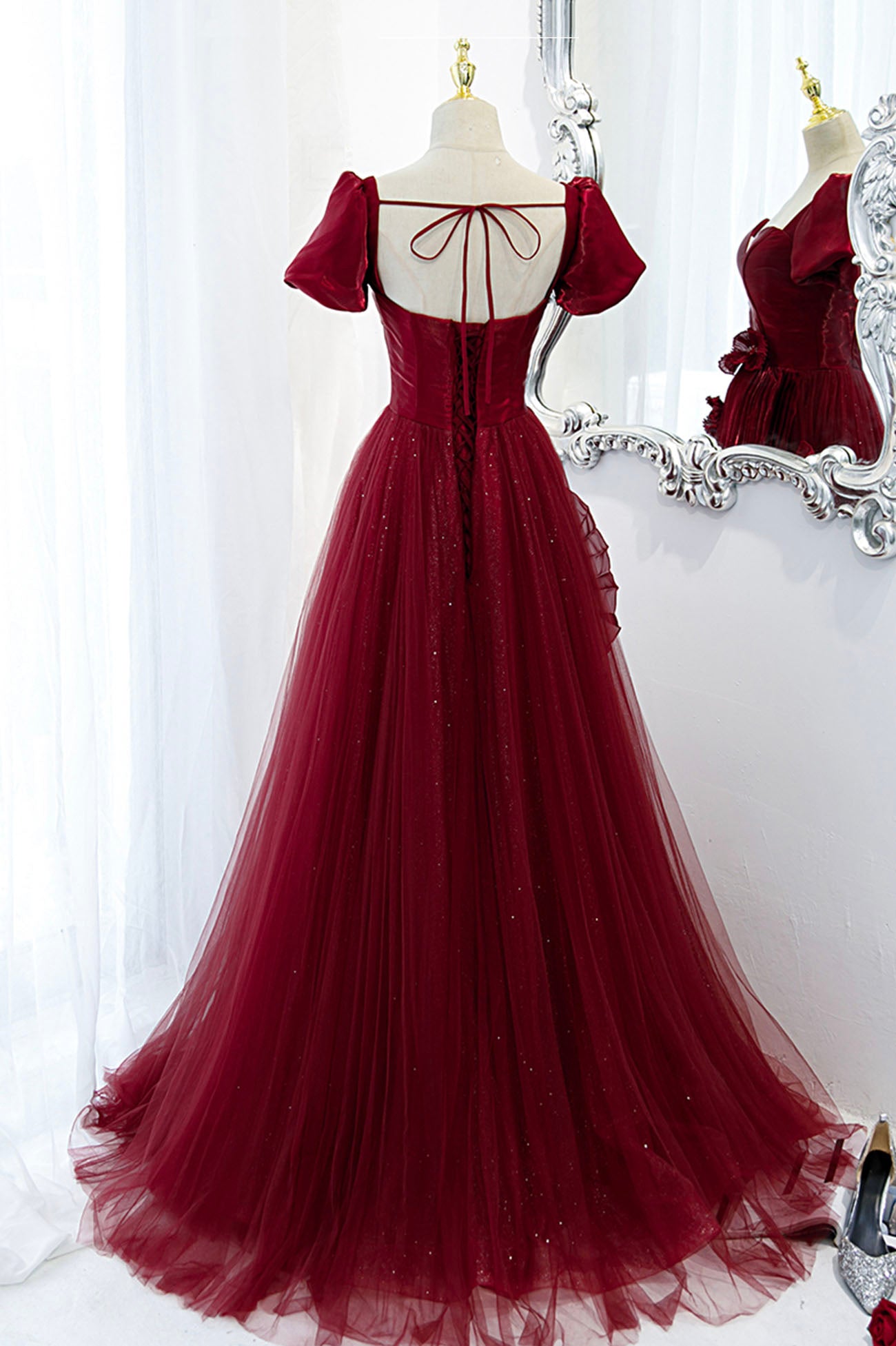 Burgundy satin tulle long prom dress evening dress 10598