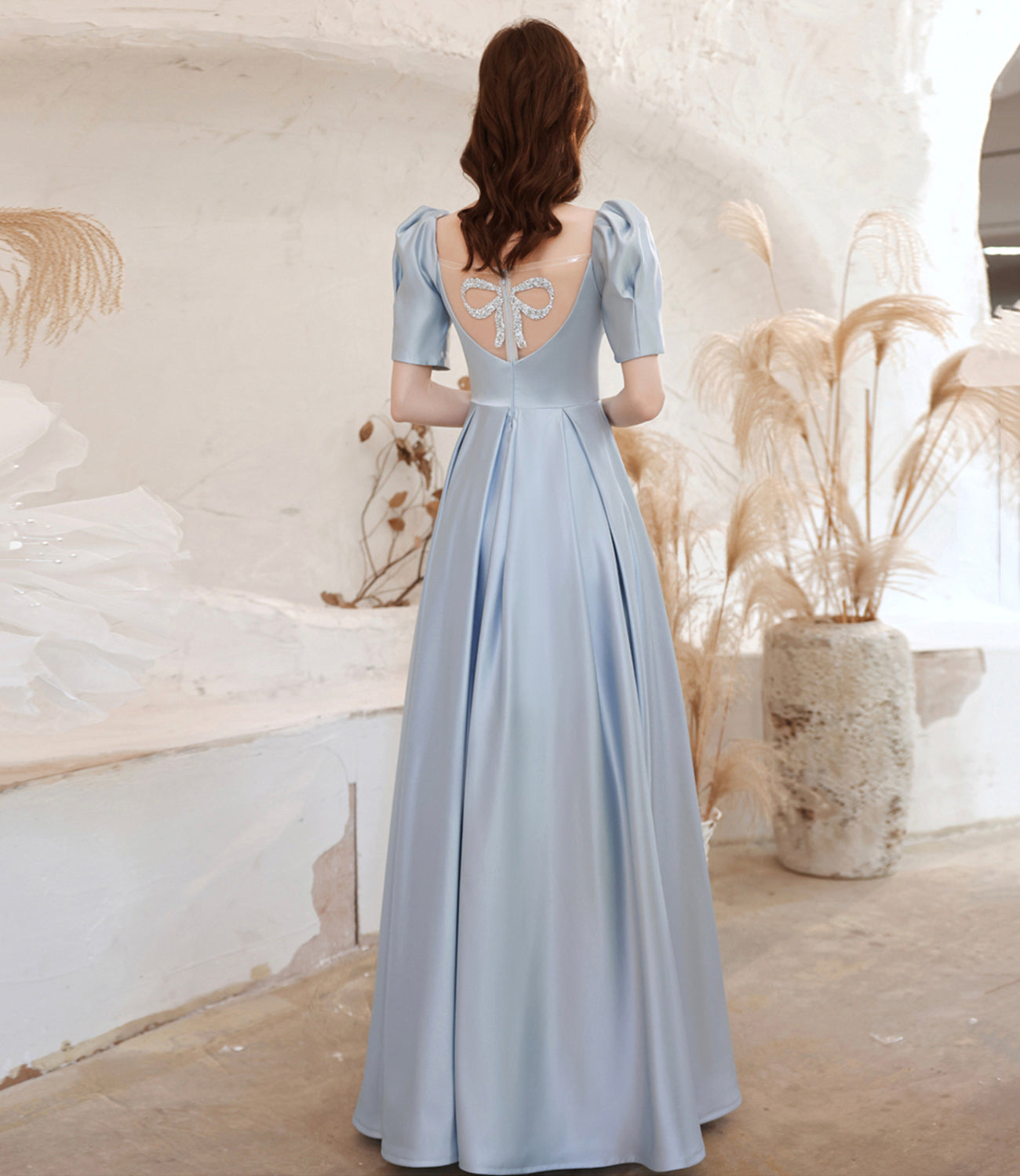 Cute satin long prom dress blue evening dress 10531