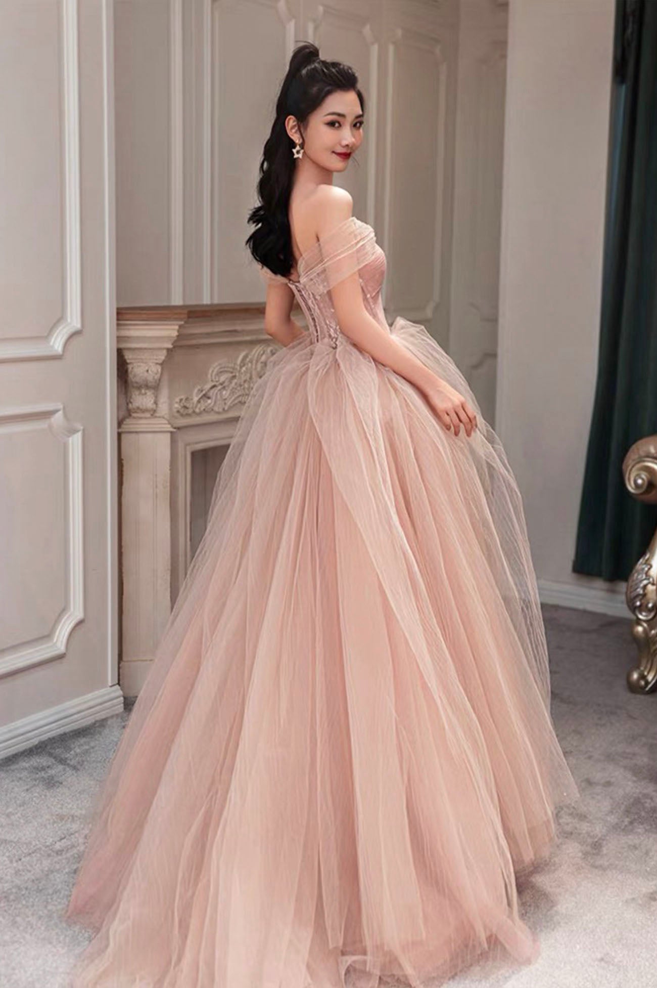 Pink tulle long prom dress pink evening dress 10589