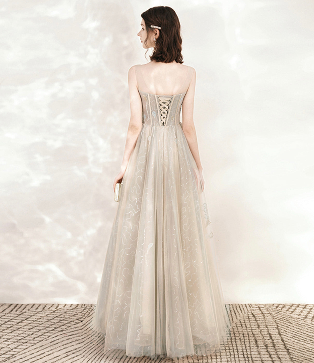 Champagne tulle sequins long prom dress evening dress 10542