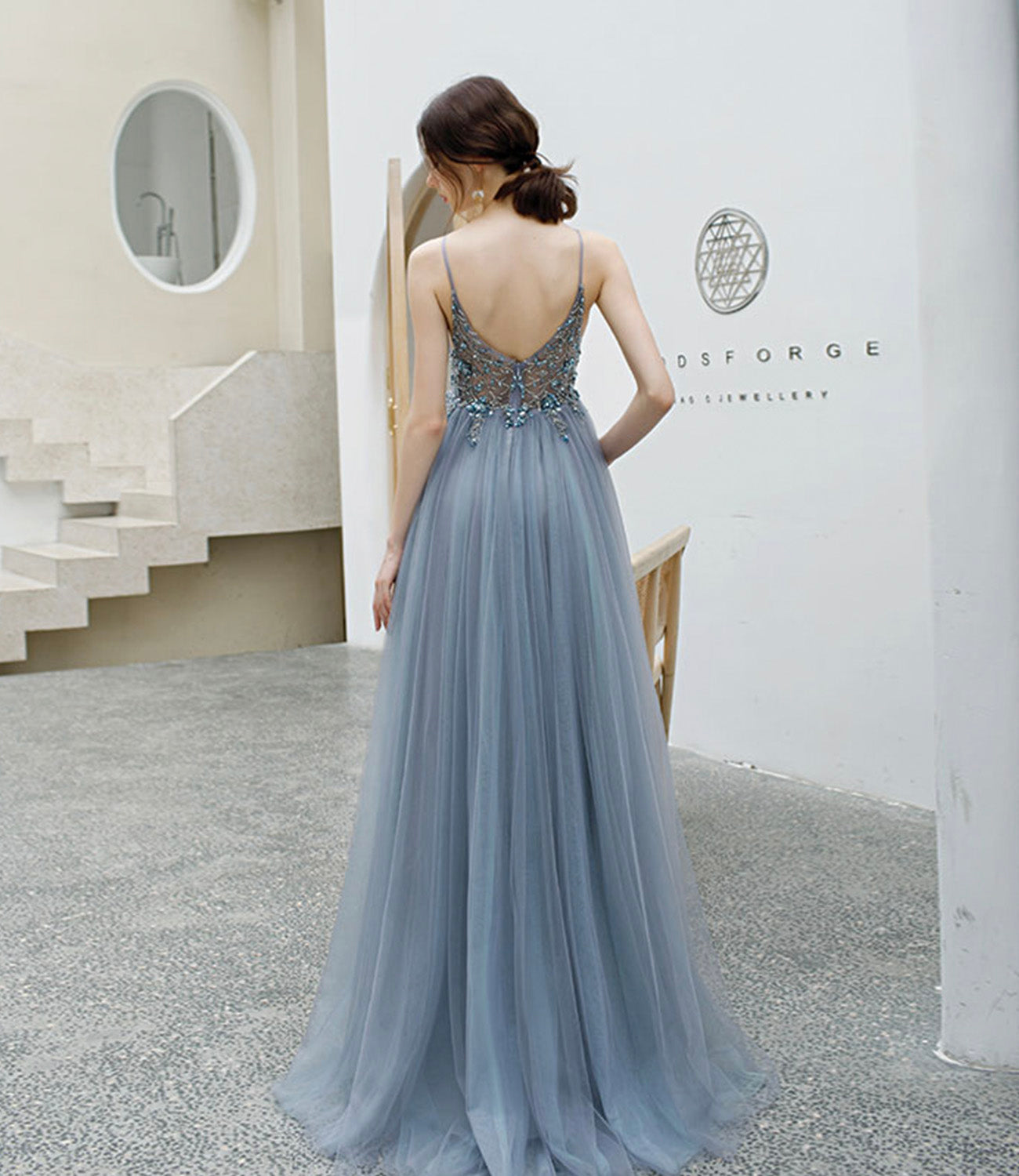 Gray tulle beads long prom dress A line evening dress 10579