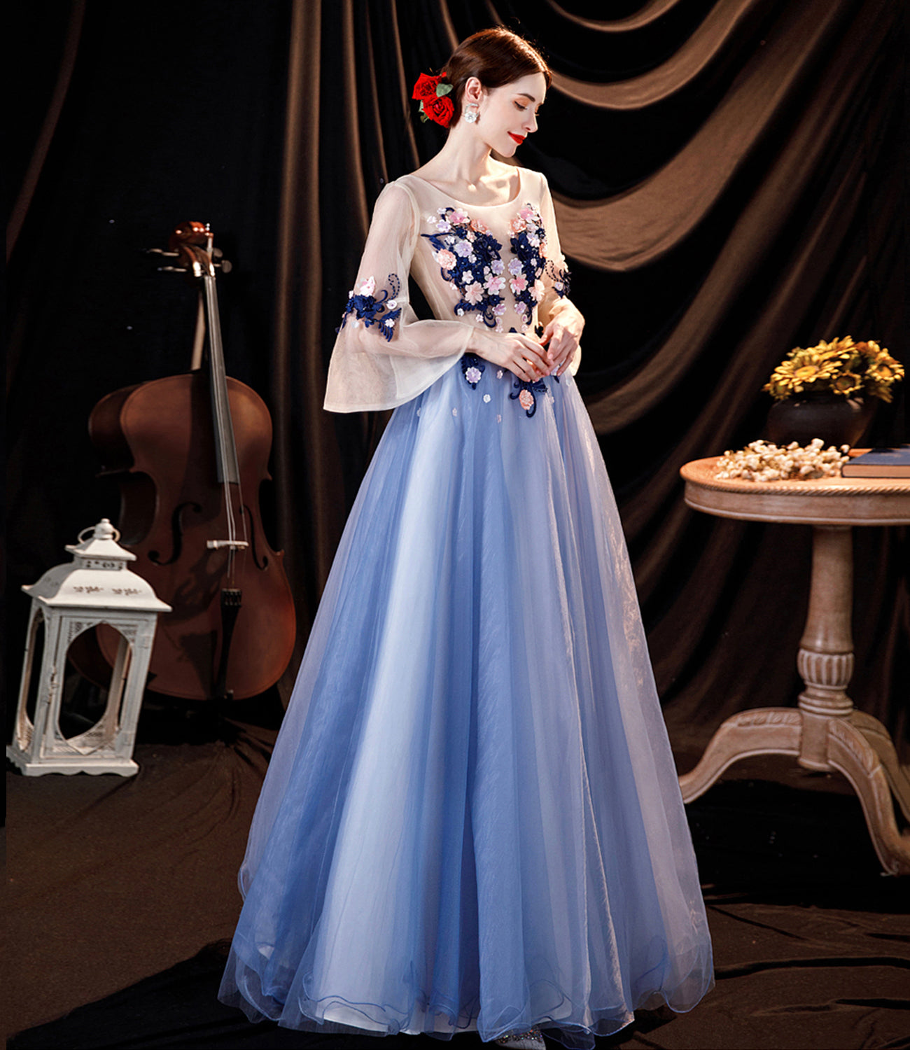 Blue tulle applique long prom dress blue evening dress 10534