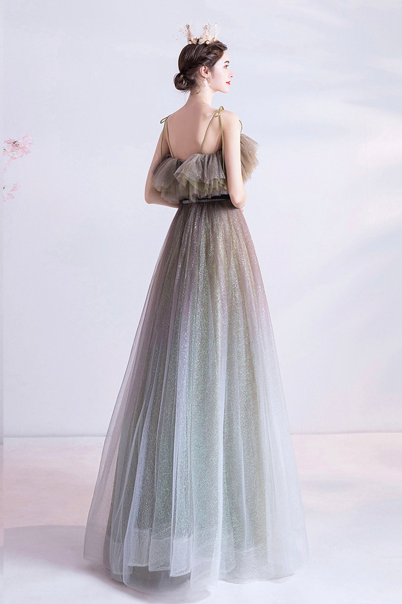 Gray green tulle sequins long prom dress evening dress 10616