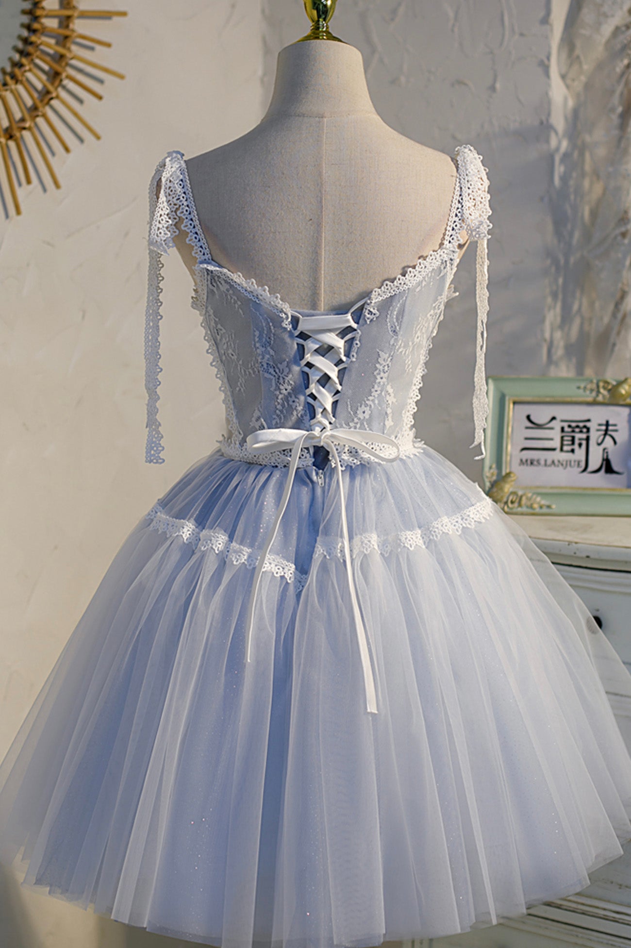 Blue lace short A line prom dress homecoming dress 10539