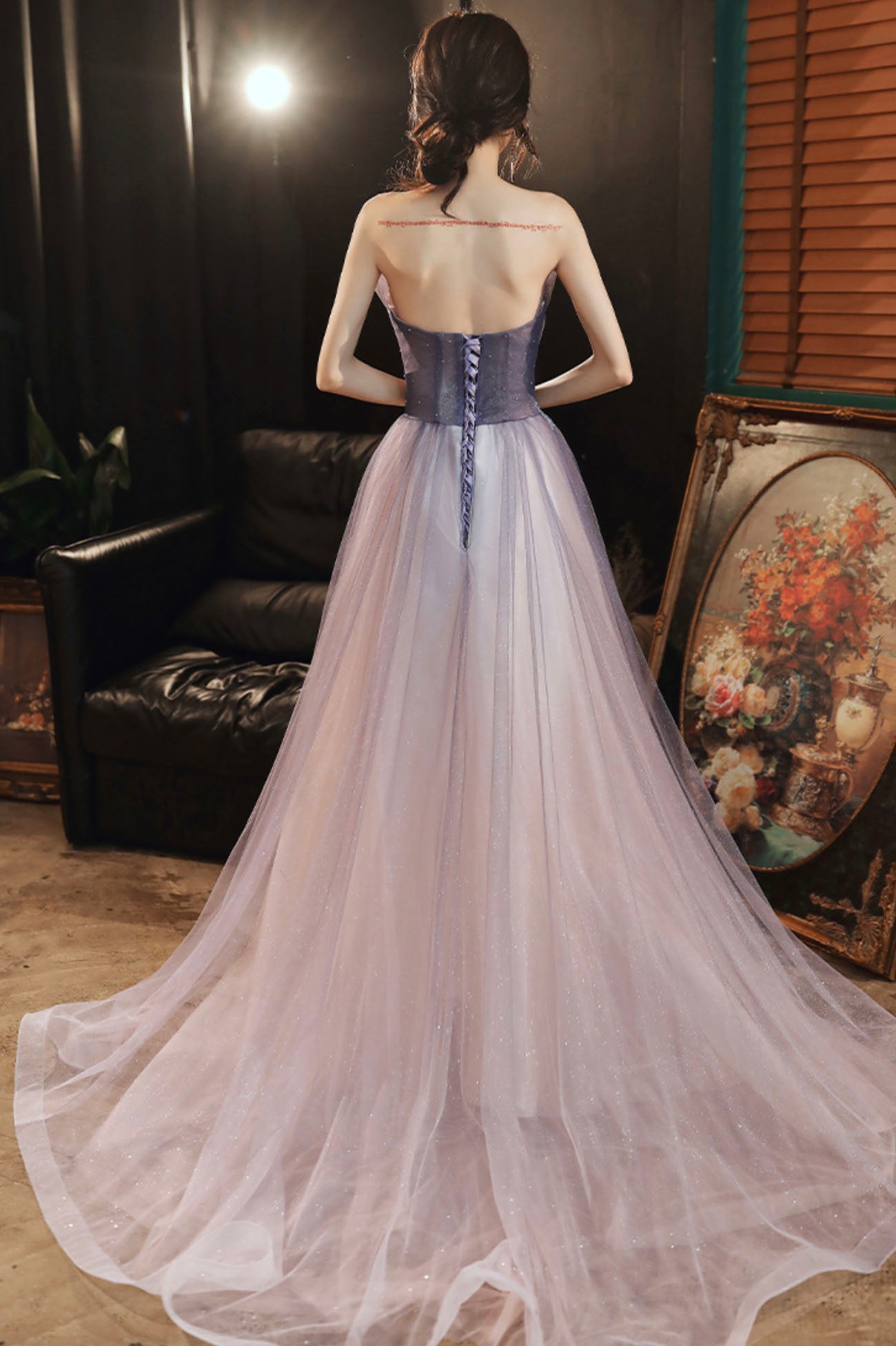 Purple tulle sequins long prom dress evening dress 10624