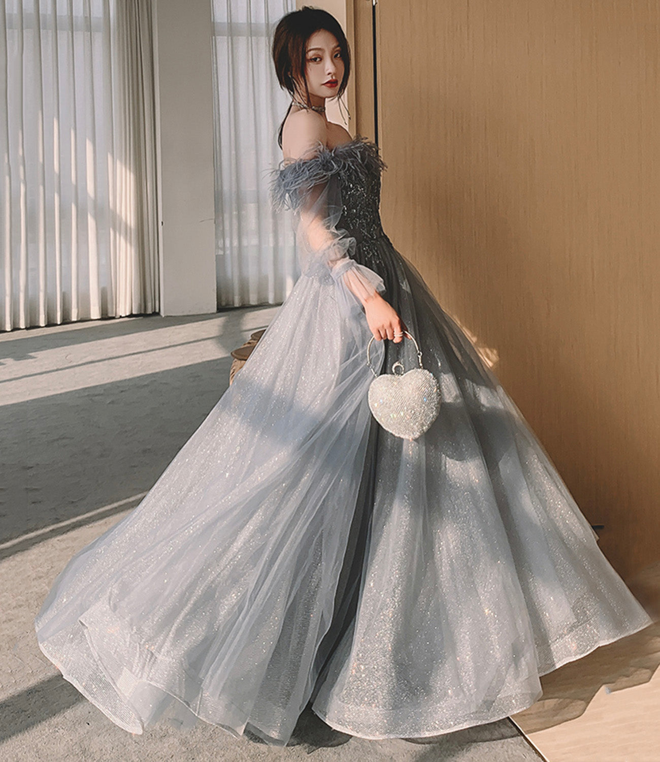 Robe de soirée longue en tulle gris à paillettes Robe de soirée trapèze 10559