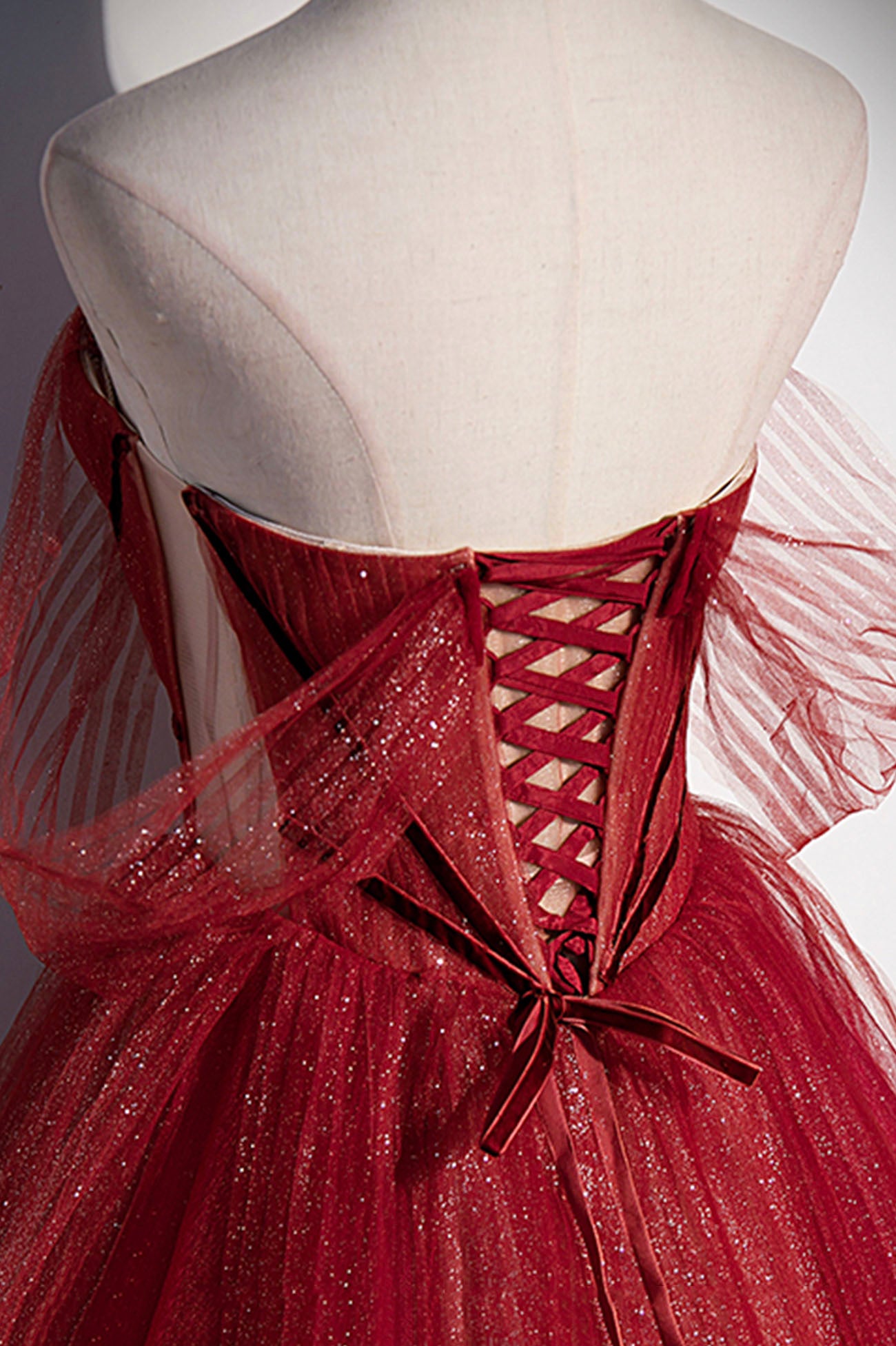 Burgundy tulle sequins long prom dress A line evening gown 10632