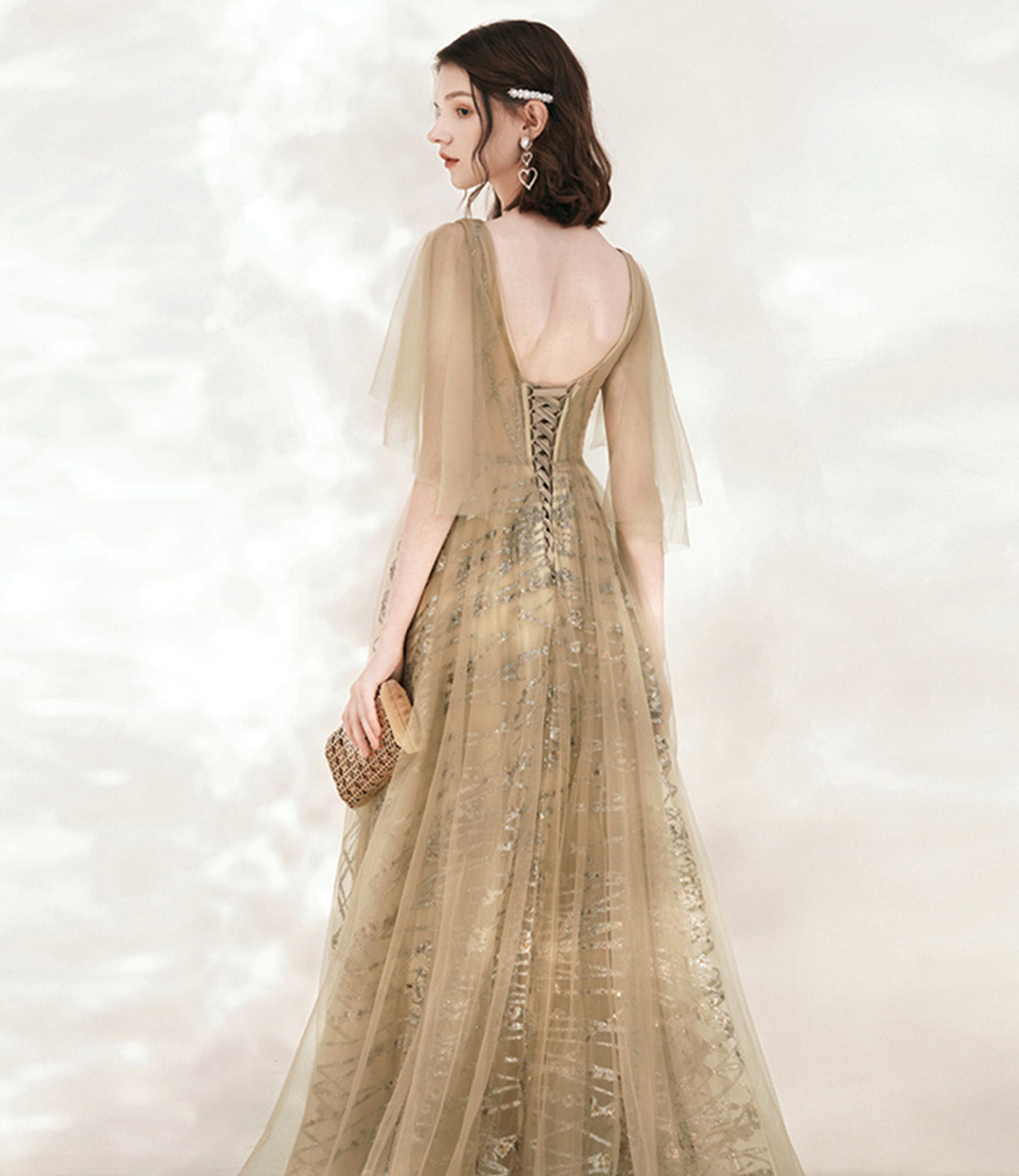 Champagne tulle sequins long prom dress A line evening dress 10548