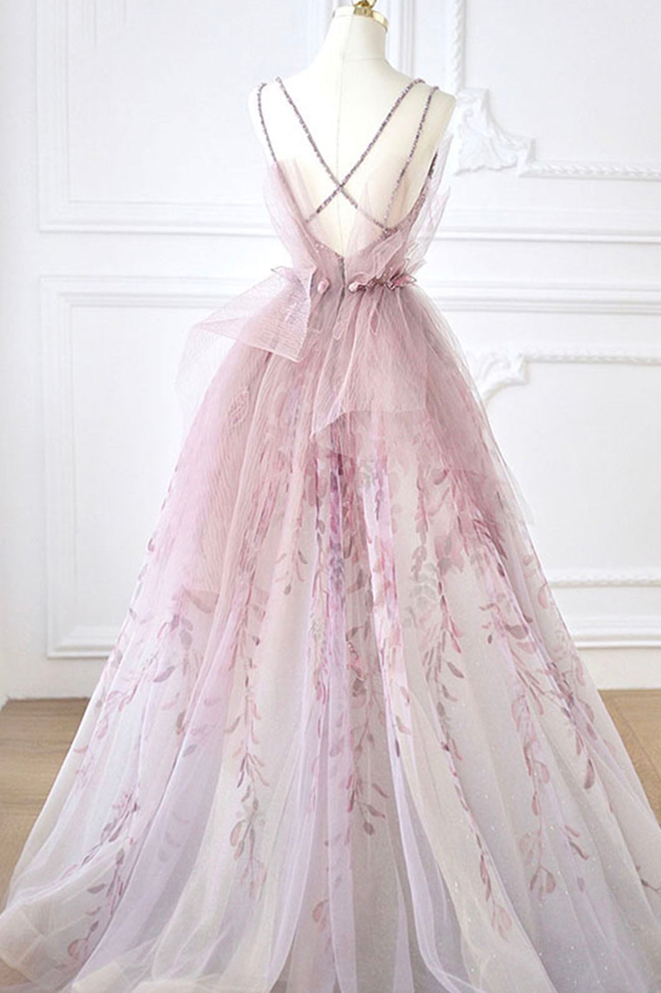 Pink tulle beads long prom dress A line evening dress 10643