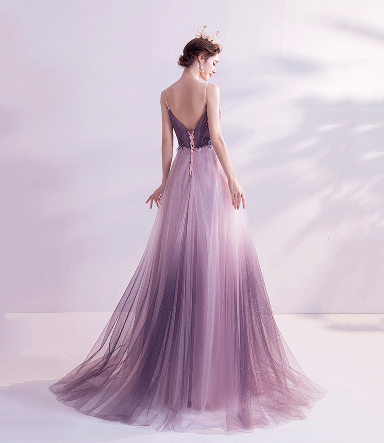 Purple tulle sequins long prom dress purple evening dress 10479