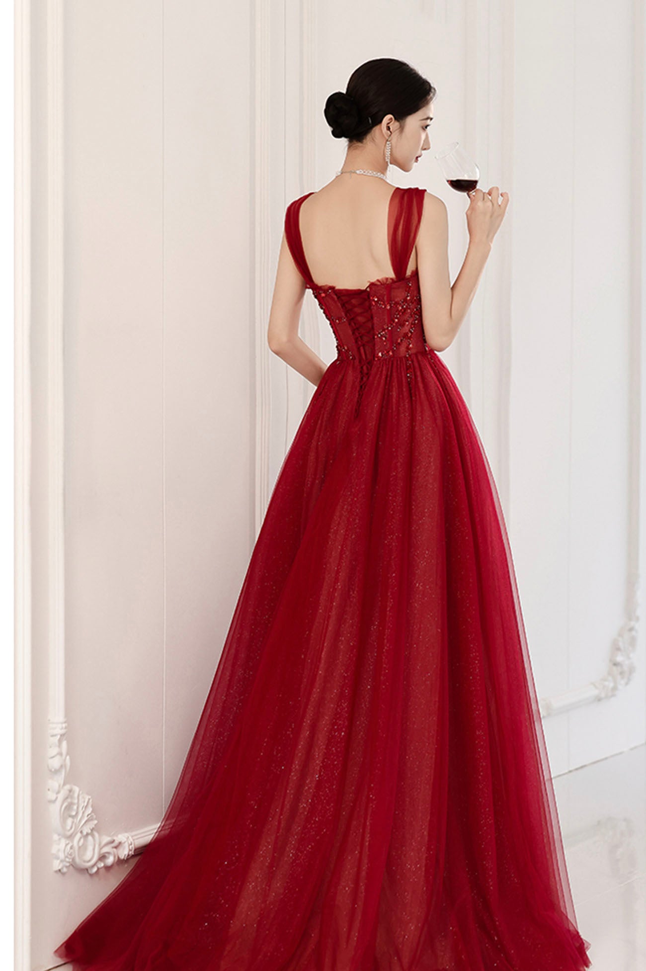Burgundy tulle beads long prom dress evening dress 10604