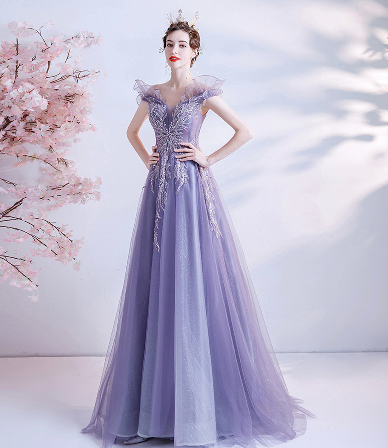 Purple tulle sequins long prom dress A line evening dress 10463